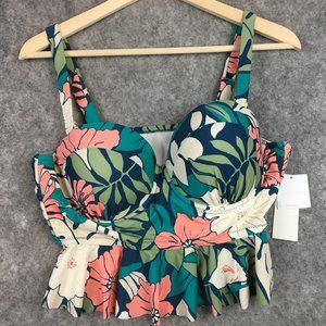 Raisins Peplum Tankini Top Tropical Floral Ruffle Underwire Coral Teal Bustier